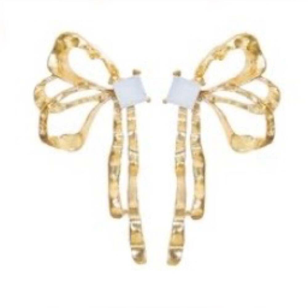Gold Bow Stud Earrings with White Stone